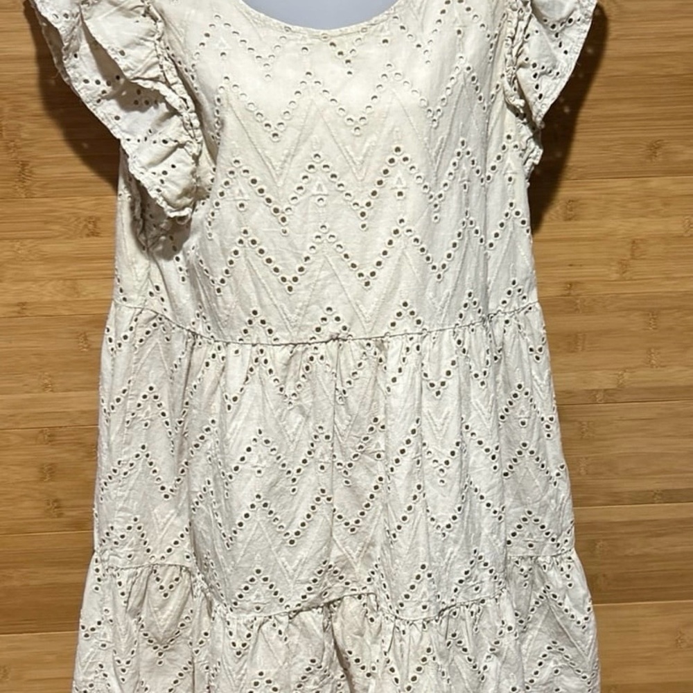 R2 Ivory Eyelet Babydoll Dress Large Boho Ruffle Sleeve Tiered Cottagecore